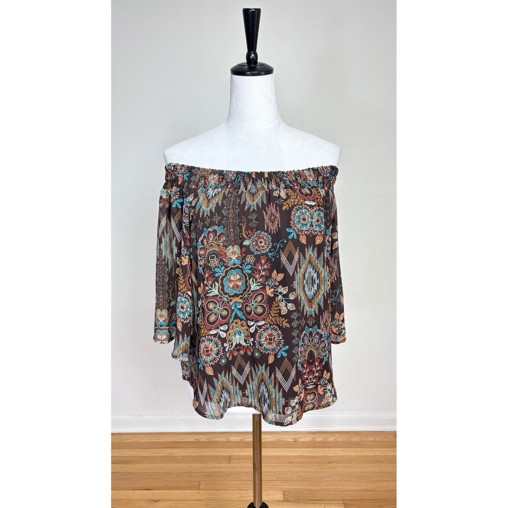 Shyanne Southwestern Brown Sheer Off The Shoulder Top Size Small Western Cowgirl